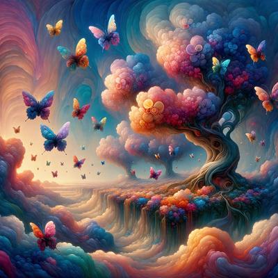 The primary subject of the image is a tree filled with colorful butterflies. The tree is surrounded by a vibrant and lively environment, with clouds and other trees in the background. The visual style of the image is digital art, as it appears to be a painting or illustration created using digital tools. The colors and mood of the image are bright, cheerful, and whimsical, with the butterflies and the tree's vibrant colors creating a sense of joy and wonder.